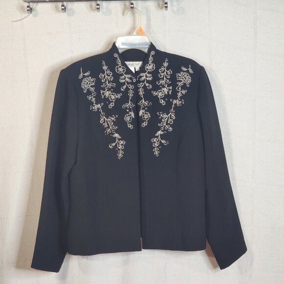 Coldwater Creek Black White Floral Embroider Sequin Open Front Poly Blazer Sz 16 - Picture 5 of 16